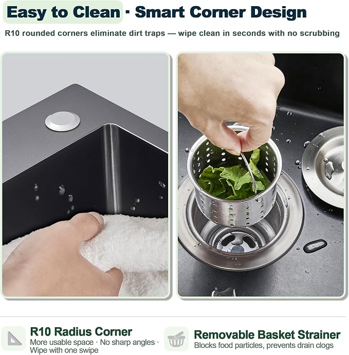 20x16 Inch Drop in Kitchen Sink, 304 Black Stainless Steel Sink | 9" Deep Single Bowl, R10 Tight Corner, 2 Pre-Drilled Holes, Topmount Installation,for Small Kitchen/RV/Bar Sink