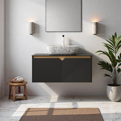 Floating Bathroom Vanity with Sink, 36" Bathroom Storage Cabinet with Sintered Stone Countertop & Marble-Pattern Ceramic Basin, Wall-Mounted Vanity with 2 Twill Pattern Doors, Black