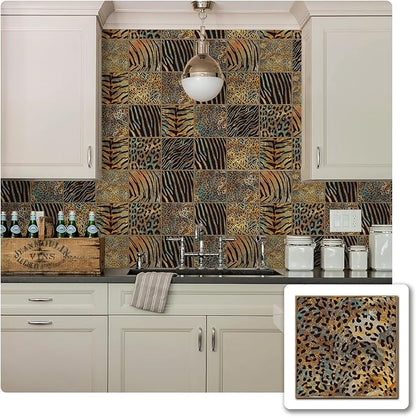 Alwayspon Vinyl Sticker Peel and Stick, Self-Adhesive Wall Tile Transfers Backsplash Sticker Decal for Kitchen Bathroom, 6x6inch/15x15cm 30Pcs, Animal Stripes T046