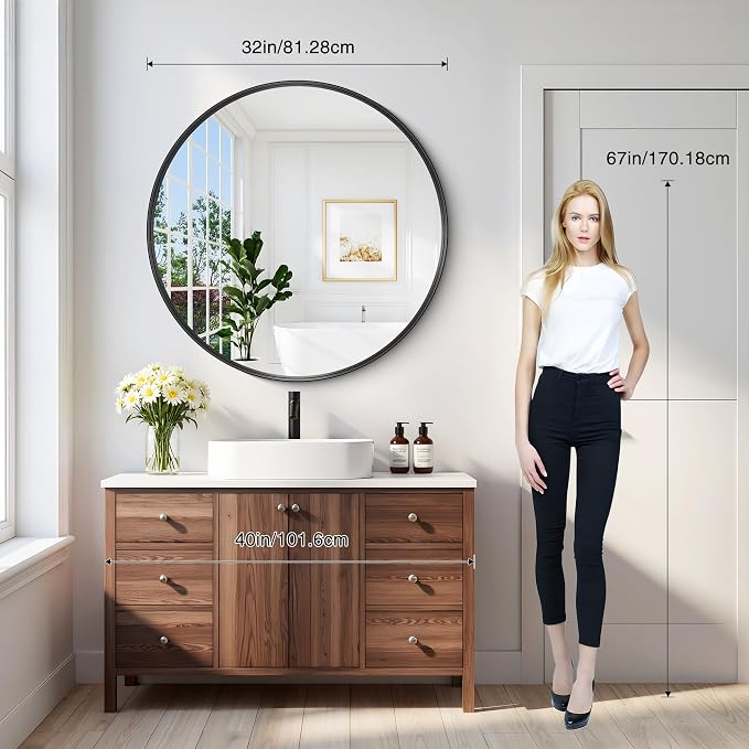 Black Round Mirror 32 inch Deep Frame Circle Mirror, Metal Framed Bathroom Mirror, Round Vanity Mirror, Circle Mirrors for Wall Entryway Bedroom Living Room Hallway