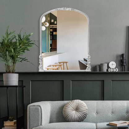English Estate Carved Arch Wood Wall Mirror, Mirror for Entryway, Living Room, Bathroom, Antique Silver, 25.6x33.4