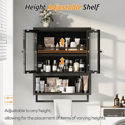 Bathroom Wall Cabinet, Over The Toilet Space Saver Storage Cabinet, Medicine Cabinet with 2 Glass Door and Towel Bar, Metal Wall Mounted Cabinet for Bathroom Laundry Room Kitchen