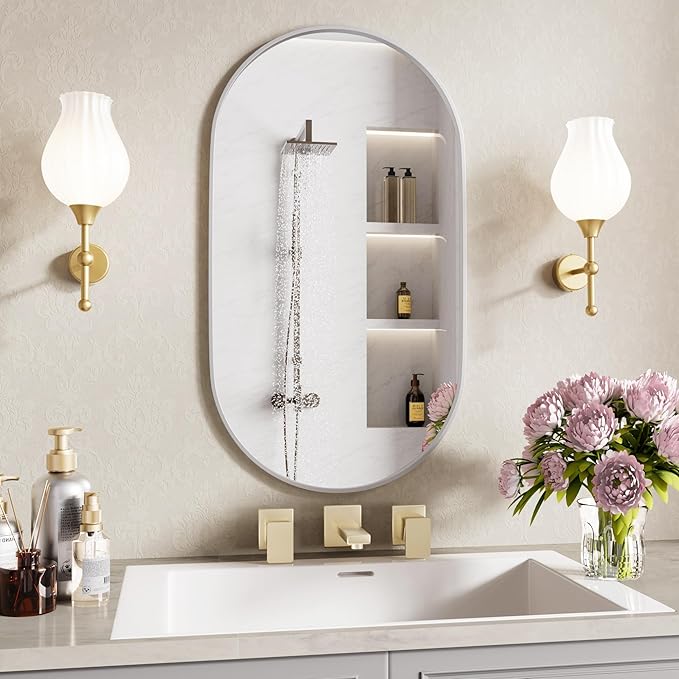 Silver Mirrors,22x38 Silver Bathroom Mirror,Silver Oval Mirror,Oval Mirrors for Bathroom Sink,Entryway Mirror