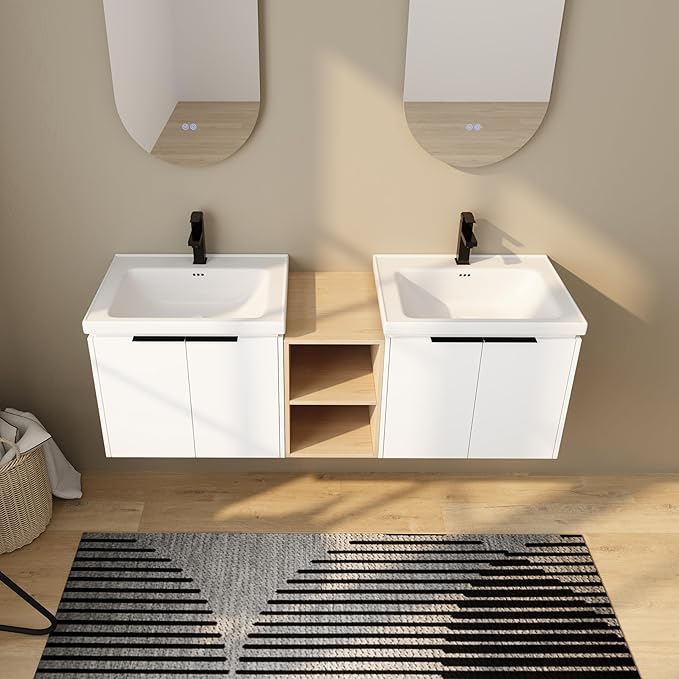 60 Inch Bathroom Vanity with Sink Combo,Wall-Mounted Bathroom Vanity with Soft Close Doors&Side Shelf,Modern Floating Bathroom Vanity with Top Basin & Storage Cabinet,White
