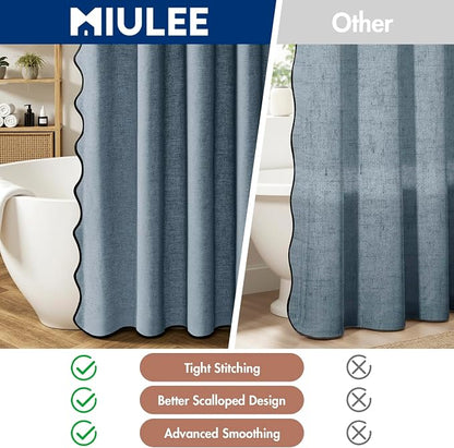 MIULEE Dusty Blue Scalloped Linen Shower Curtain 72W x 72L | 12 metal hooks, Linen scalloped, waterproof washable, thick heavy cloth, black border, boho farmhouse, bathroom hotel use