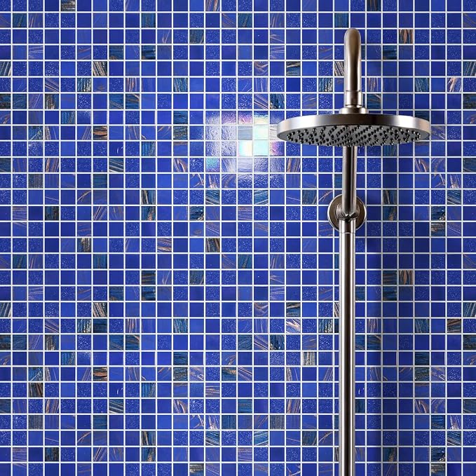 11.5 sq.ft Iridescent Cobalt Blue Glass Mosaic Tile for Bathroom, Pool | Waterproof Wall & Floor Tile. Heat & frost resistant outdoors. Mesh-mounted easy install. Use any grout. Easy clean. 10pcs.