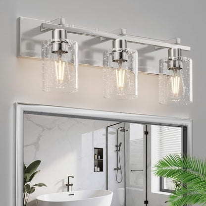 3-Light 21inch Brushed Nickel Vanity Light, Thickened Seeded Glass | Over Mirror for Bathroom, Rust Resistant, E26 Base, Easy Install, Removable Glass Shade Horizontal Mount, Dimmable
