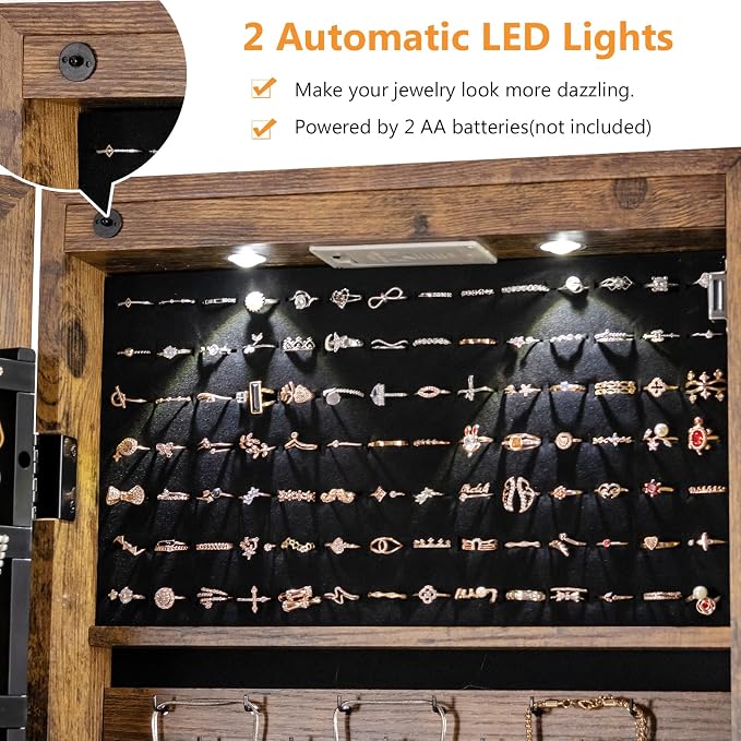 COSTWAY Wall Mounted Jewelry Armoire with Full Length Mirror & 2 LED Lights, Large Capacity, Lockable Mirror Jewelry Cabinet for Women Girls (Rustic Brown)