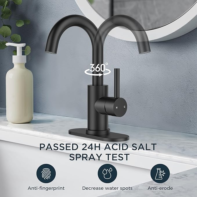 FORIOUS Black Bathroom Faucet 1 or 3 Hole Sink Single Handle, 360° Swivel Gooseneck Spout, Matte Finsh, Leak-Free, with cUPC Supply Line and Metal Pop Up Drain, Suitable for Bar Kitchen RV Vanity