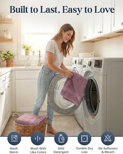 LANE LINEN Large Bath Towel Set Absorbent Quick Dry 6 Piece - Wishful Mauve | Cotton Towels - Fade-Resistant Color, Classic Terry Weave, Densely Woven, Coordinated Colors, Dobby Border Accent