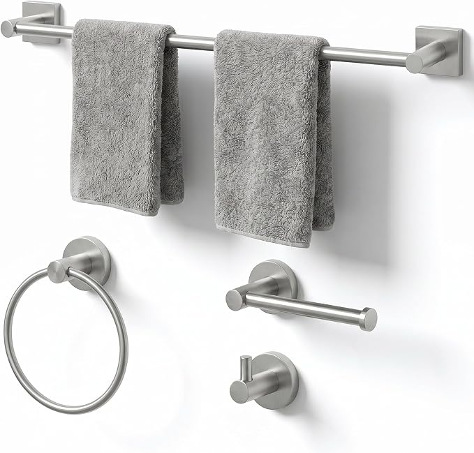 24-Inch Wall Mounted Towel Racks for Bathroom – Space Saver 4-Piece Durable Stainless Steel Bathroom Hardware Set with Towel Bar, Towel Ring, Toilet Paper Holder & Hook, Brushed Nickel