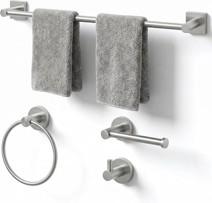 24-Inch Wall Mounted Towel Racks for Bathroom – Space Saver 4-Piece Durable Stainless Steel Bathroom Hardware Set with Towel Bar, Towel Ring, Toilet Paper Holder & Hook, Brushed Nickel