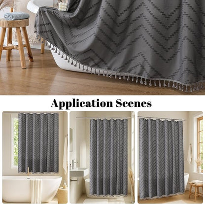 Boho Shower Curtain, Grey Fabric Cloth Shower Curtains Farmhouse Tufted Chevron Striped Textured with Tassel for Bathroom, Soft Hotel Style Modern Minimalist, Machine Washable, 72x72, Grey