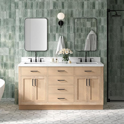 DKB Isabella 66-Inch Oak Double Bathroom Vanity with Sink, Carrara White Quartz Countertop & 4-Inch Backsplash, Soft Closing Doors and Drawers, Matte Black Hardware