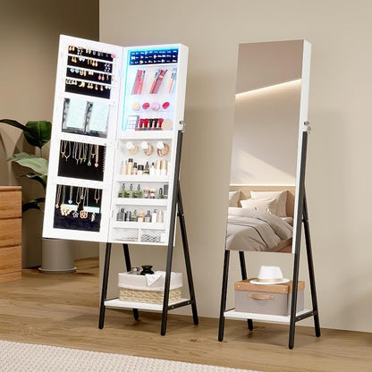 LVSOMT 3 LEDs Mirror Jewelry Cabinet, 60.4" Jewelry Mirror Full Length, Standing Lockable Jewelry Armoire Organizer, Floor Mirror with Storage for Jewelry Cosmetics, White
