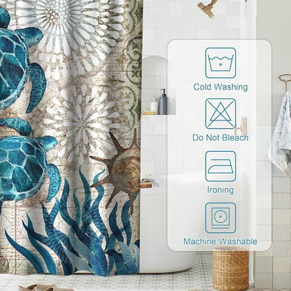 Cute Rustic Ocean Shower Curtain, Nautical Beach Coastal Sea Turtles Shower Curtains for Bathroom, Waterproof Bath Curtain with Hooks Machine Washable Bathtub Curtains 72x78 Inch Blue Teal