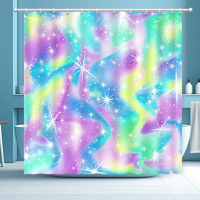 Rainbow Shower Curtain Holographic Gradient Colorful Kids Shower Curtain for Bathroom, Waterproof Polyester Machine Washable Home Decor Bath Curtains with Hooks, 72 x 72 Inch