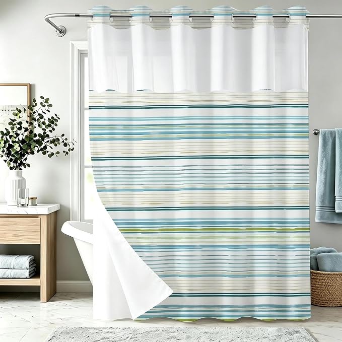 Luxury Abstract Modern No Hook Shower Curtain Aesthetic Striped Minimalist | Funky No Hook Shower Curtain with Snap in Liner, Waterproof Ringless Shower Curtains for Bathroom 72x74 Inch Blue White