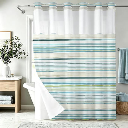 Luxury Abstract Modern No Hook Shower Curtain Aesthetic Striped Minimalist | Funky No Hook Shower Curtain with Snap in Liner, Waterproof Ringless Shower Curtains for Bathroom 72x74 Inch Blue White