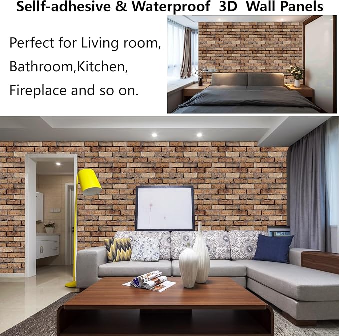 3D Wall Panels Peel and Stick 10 Pcs Brick Textured PVC Panels | 11.81*11.81 Inch, Waterproof, Self-Adhesive Wall Tiles, for Accent Walls, Kitchen, Bathroom, Bedroom & Office Decor