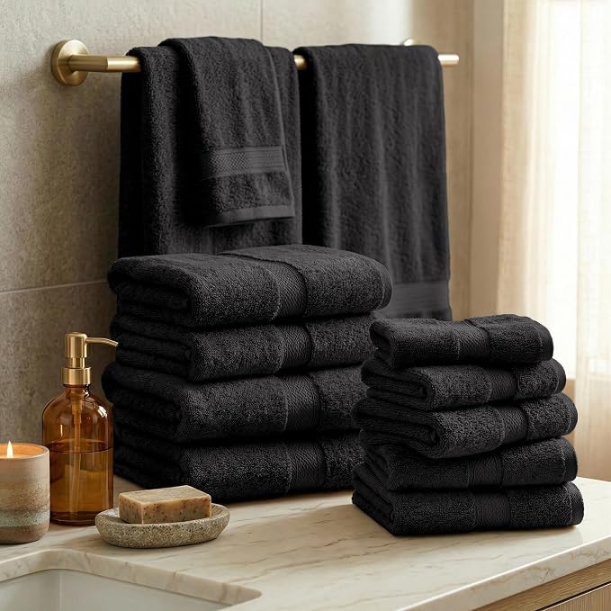 SUPERIOR Egyptian Cotton Ultra Plush & Absorbent, 12 Piece Set, Black | Heavyweight 12 Pc Egyptian Cotton Towel Set Includes 4 Bath Towels 4 Hand Towels 4 Washcloths Decorative Rope Border