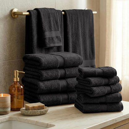 SUPERIOR Egyptian Cotton Ultra Plush & Absorbent, 12 Piece Set, Black | Heavyweight 12 Pc Egyptian Cotton Towel Set Includes 4 Bath Towels 4 Hand Towels 4 Washcloths Decorative Rope Border