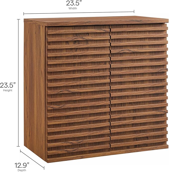 Modway Render Wall Mounted Bathroom Cabinet in Walnut - 23.5 Inch Compact Wall Storage with Slatted Doors and Adjustable Shelves for Bathroom or Laundry Room