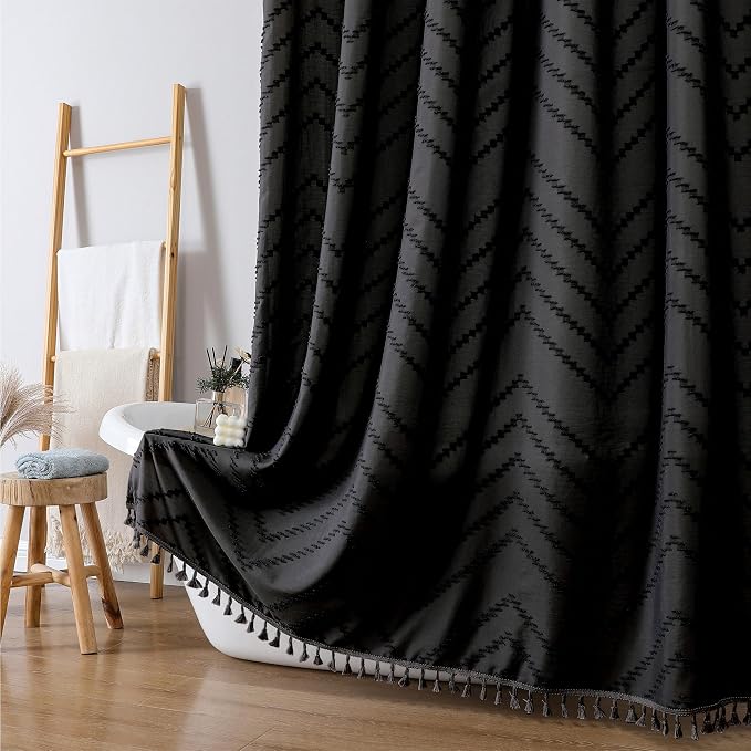 Extra Long Black Boho Shower Curtain, Chic Tufted Chevron Striped Textured Cloth Fabric Shower Curtains with Tassel for Bathroom, Soft Hotel Style Farmhouse, Machine Washable, 72x96