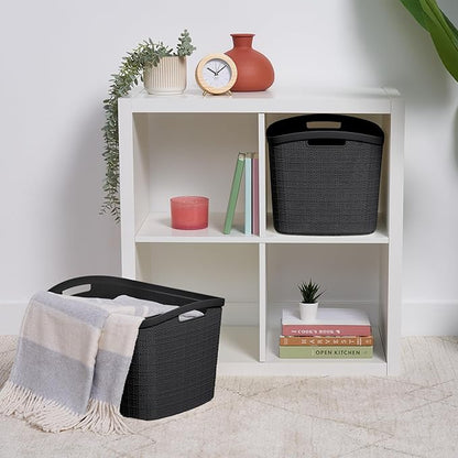 Curver Set of 2 XL 30.5L Jute Decorative Plastic Organization and Storage Baskets - Perfect Bins for Home Office, Closet Shelves, Kitchen Pantry and All Bedroom Essentials, Black