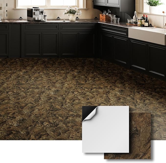 ATOPOSE Peel and Stick Floor Tile -10 Pack 12"x12"(Covers 10 Sq.Ft) —Amber Brown Marble Look, Waterproof and Easy DIY for Kitchen Living Room Hallroom Rental Friendly