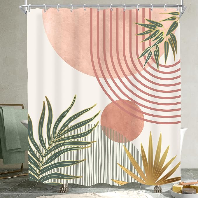 Mid Century Pink Green Boho Abstract Modern Bathroom Shower Curtain Set | 60Wx72L Orange design, waterproof HD print with fast-drying fabric and 12 hooks.