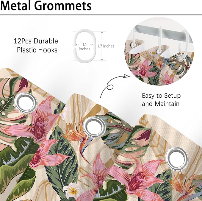 Tropical Shower Curtain Waterproof Fabric Bathroom Curtain with Hooks 72x72 inch, Colorful Floral Jungle Plant Leaf Bathroom Decor