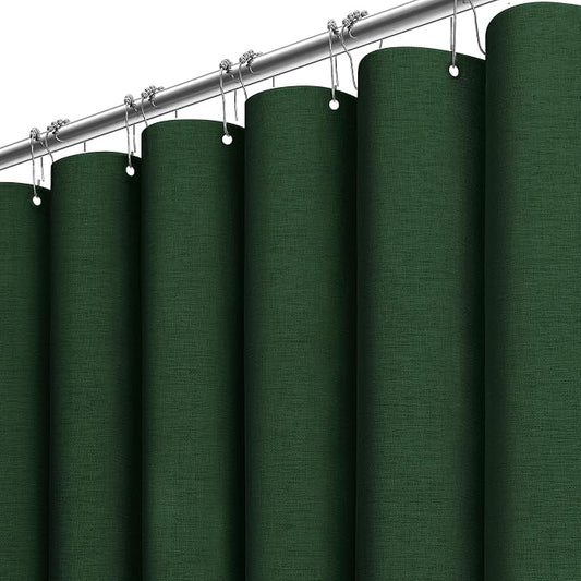 60x72 Linen Textured Waterproof Fabric Shower Curtain, Emerald Green | Narrow Size, 230GSM Polyester, Heavy Duty Cloth, Weighted Hem, 10 Plastic Hooks, Modern Luxury Hotel Style, Machine Washable