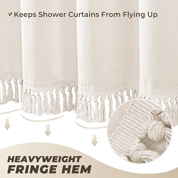 Linen Shower Curtain Boho Cream Shower Curtain with Tassels 72"W x 78"L | Thick linen-poly blend, soft textured drape, handcrafted fringe, neutral rustic farmhouse bathroom decor