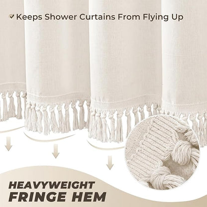 Linen Shower Curtain Boho Cream Shower Curtain with Tassels 72"W x 78"L | Thick linen-poly blend, soft textured drape, handcrafted fringe, neutral rustic farmhouse bathroom decor