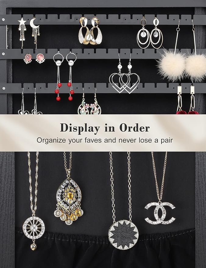 Nicetree 360° Swivel Jewelry Cabinet with Lights, Full Length Mirror, Black | Standing Mirror Jewelry Cabinet, Lockable Mirror with Storage, Lighted Interior Mirror, Rear Shelves, Flip-over Shelf