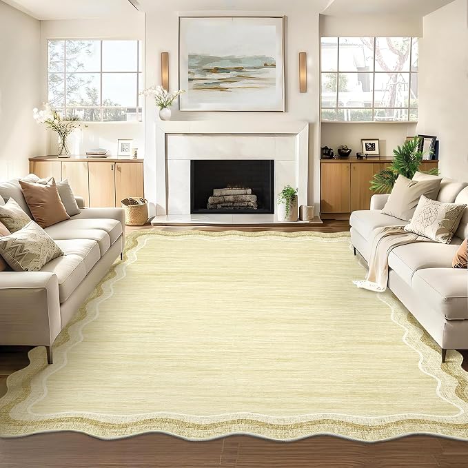 Garvee Scalloped Rug 10x13 Washable Area Rug for Living Room Beige | Rugs for Living Room, Non-Slip Soft Carpet for Bedroom, Scalloped Low-Pile Solid Rug Accent Rug for Dining Room Home Office