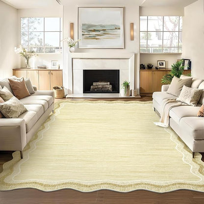 Garvee Scalloped Rug 10x13 Washable Area Rug for Living Room Beige | Rugs for Living Room, Non-Slip Soft Carpet for Bedroom, Scalloped Low-Pile Solid Rug Accent Rug for Dining Room Home Office