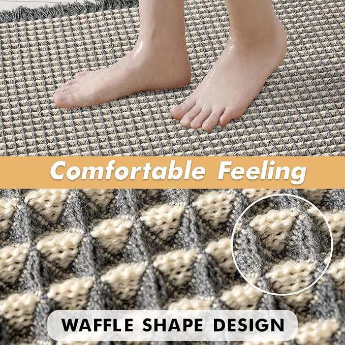 MIULEE Set of 2 Waffle Bathroom Rugs Dark Grey&Yellow 17"x24"+18"x30" | Non Slip, Super Absorbent, Washable, Ultra Soft, Rubber Backed, Small Boho Bath Rugs for Bathroom Floor Tub Shower