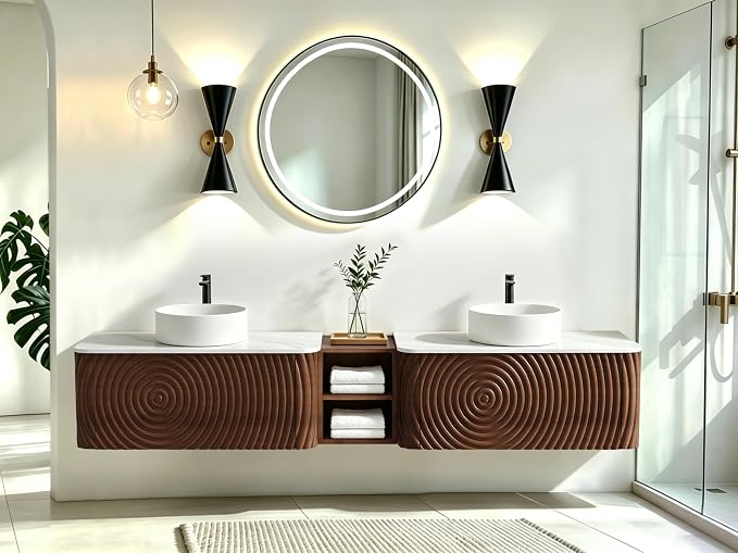 84" Floating Bathroom Vanity with Double Sink, Mid-Century Wall Mounted Bathroom Vanity Cabinet with Wood Waved Decor, Ceramic Vessel Basin, Sintered Stone Top, Soft Close Drawer, Side Open Cube