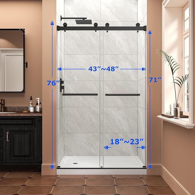 43"-48" W x 76" H Frameless Shower Door,Sliding Shower Door with 5/16"(8MM) SGCC Clear Tempered Glass,Reversible Installation,Nano Explosion-Proof Film,Waterproof Strip,for Bathroom,Matte Black