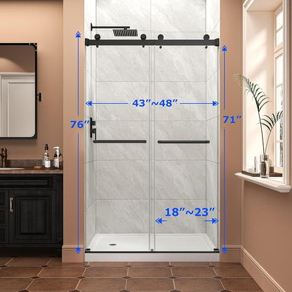 43"-48" W x 76" H Frameless Shower Door,Sliding Shower Door with 5/16"(8MM) SGCC Clear Tempered Glass,Reversible Installation,Nano Explosion-Proof Film,Waterproof Strip,for Bathroom,Matte Black
