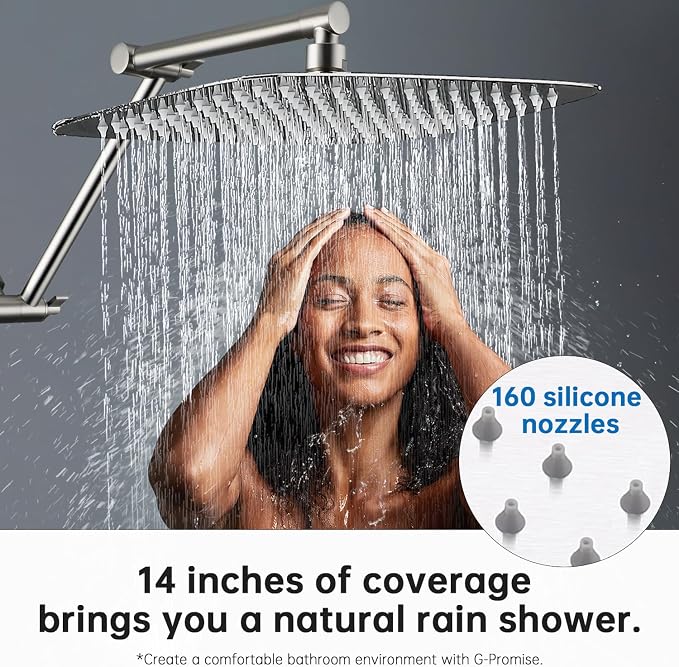G-Promise 14 Inch All Metal Rain Shower Head with Extension Arm | Built to Last, Rust Resistant, Easy to Install, Adjustable, Full Body Coverage Large Rainfall Shower Head, Daily SPA