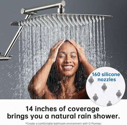 G-Promise 14 Inch All Metal Rain Shower Head with Extension Arm | Built to Last, Rust Resistant, Easy to Install, Adjustable, Full Body Coverage Large Rainfall Shower Head, Daily SPA