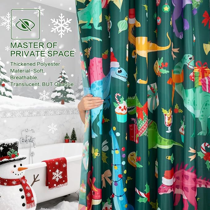 Shower Curtain Christmas, Green Kids Shower Curtain Santa's Hat Dinosaur Party Gift Box Cake Candy Jingling Bell String Light Xmas Theme Machine Wash Home Farmhouse Waterproof Decor Bathroom Curtain