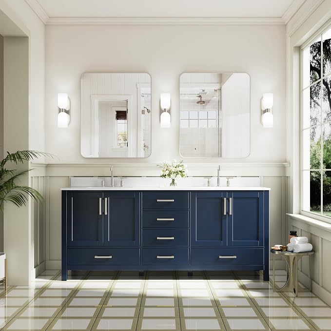 80-Inch Bathroom Vanity with Sink, 4 Soft-Close Doors and 6 Soft-Close Drawers, Bathroom Freestanding Vanity with Cultured Marble Countertop, Navy Blue Vanity with Brushed Nickel Handles