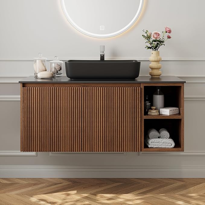 36" Modern Floating Bathroom Vanity with Single Sink - Wall Mounted Storage Bathroom Cabinet with Black Sintered Stone Countertop| Large Storage Space & Open Shelves, Dark Wood