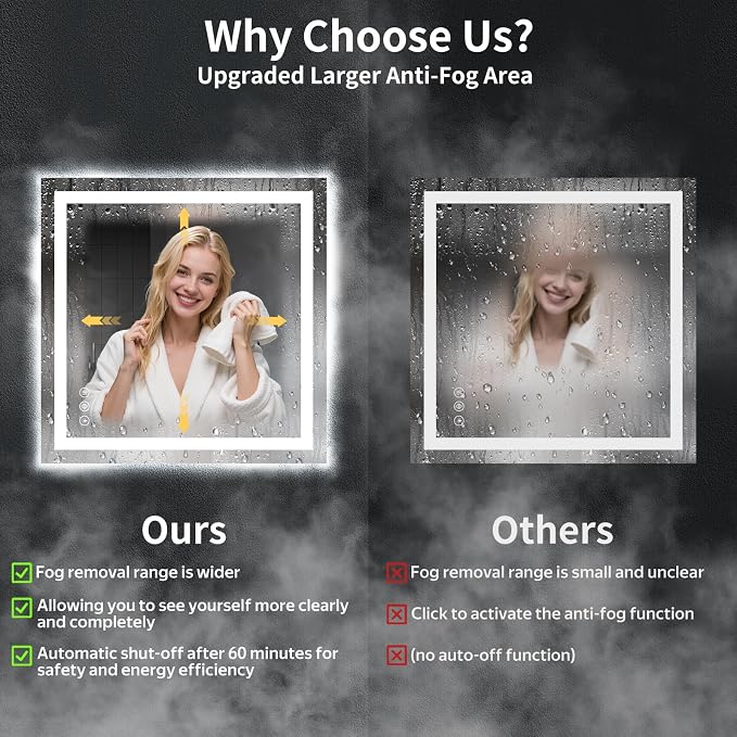 32"x32" LED Bathroom Mirror with Lights, Anti-Fog, Backlit+Frontlit | CRI 95, Stepless Dimmable, 3 Colors Lighting, Shatterproof Tempered Glass, HD Reflection, Memory, (Horizontal/Vertical)