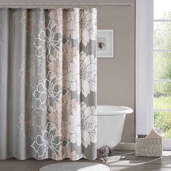 Madison Park Cotton Casual Floral Shower Curtain, 72"x72", Grey/Peach | Modern Bathroom Decor, Machine Washable, Fabric Privacy Screen
