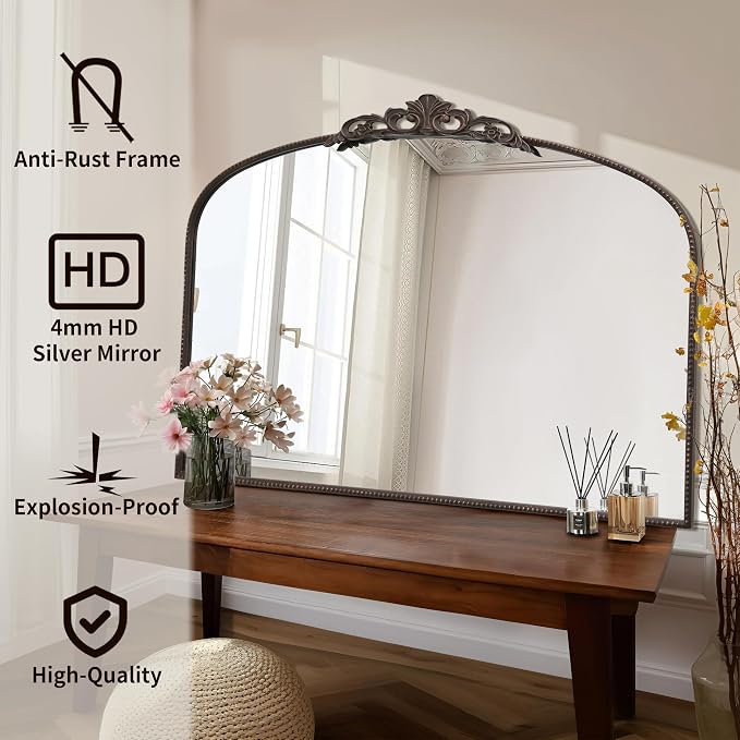Micasso Large Bronze Vintage Mirror: 48"x33" Baroque Antique Wall Mirror | Traditional Ornate French Decorative Arched Mirror for Bedroom/Bathroom/Fireplace/Entryway/Hallway/Living Room/Dining Room